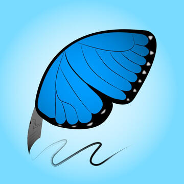 The #BluePit Logo, a quill pen scribbling, except instead of a feather the pen is constructed with a blue butterfly wing.